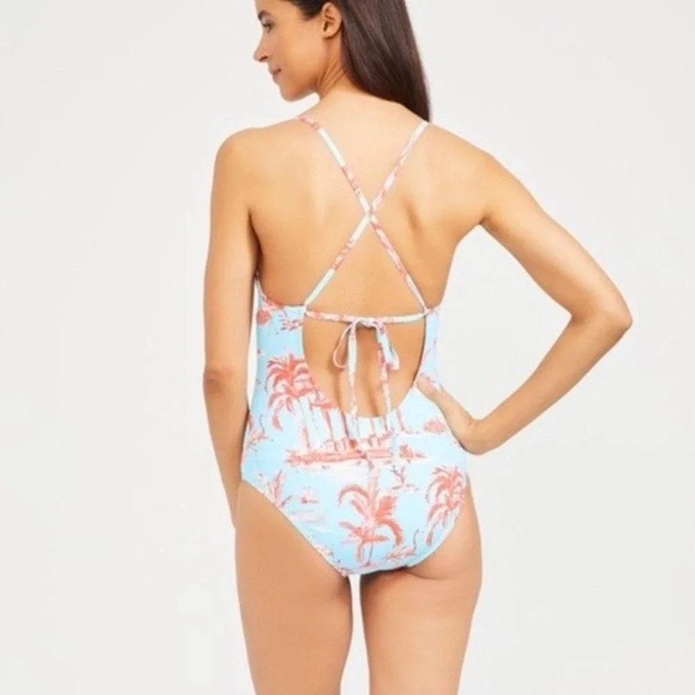 J.McLaughlin Tropical Toile Flamingo One Piece Swimsuit Aqua Coral‎ palmer 12